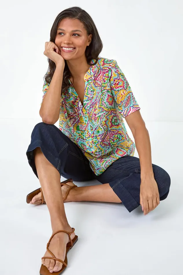 Women Blue Abstract Print Button Detail Top Roman Tops