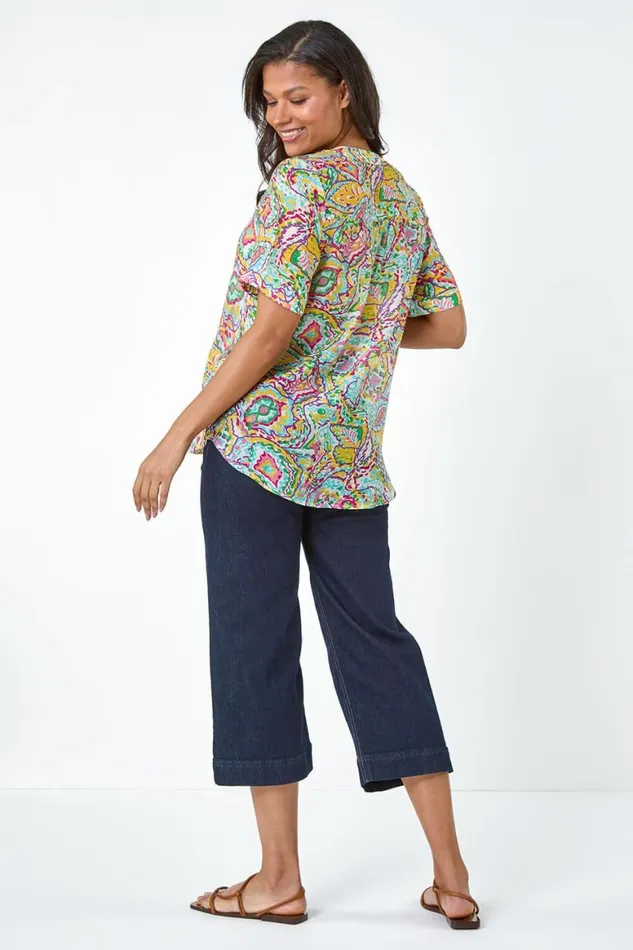 Women Blue Abstract Print Button Detail Top Roman Tops