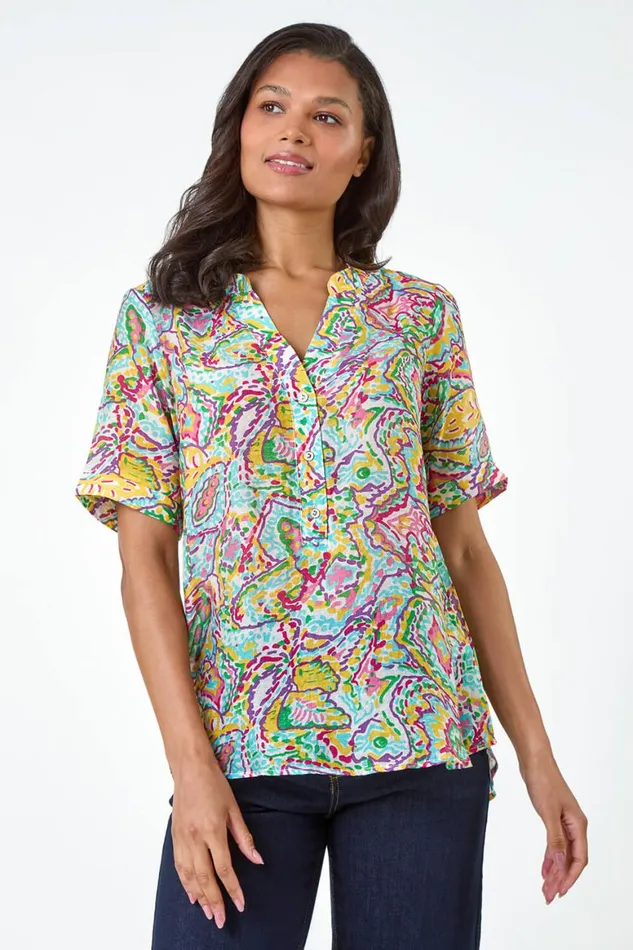 Women Blue Abstract Print Button Detail Top Roman Tops