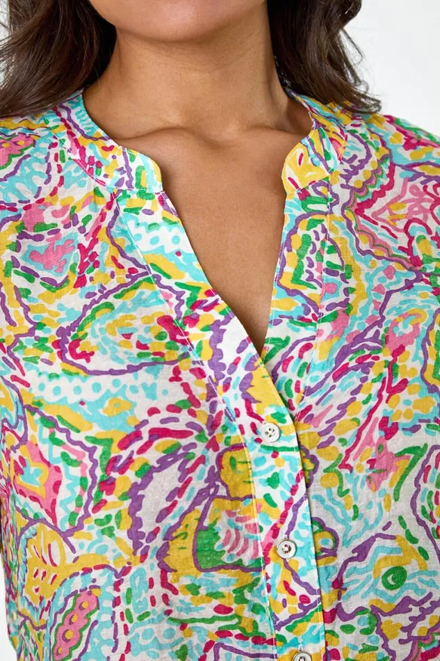 Women Blue Abstract Print Button Detail Top Roman Tops