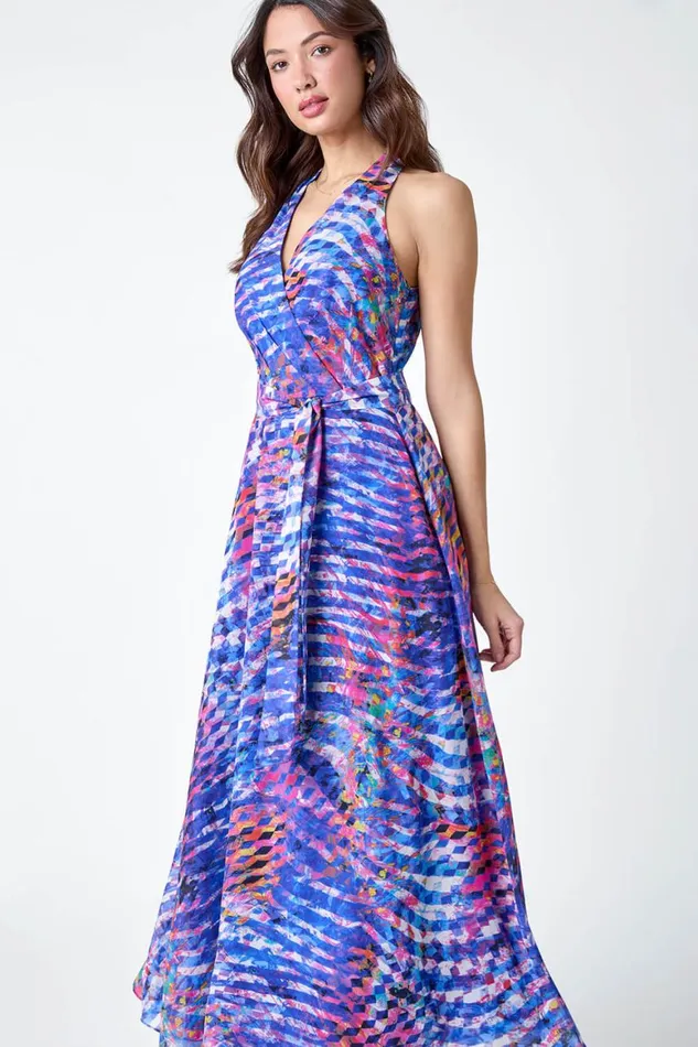Women Blue Abstract Print Halterneck Maxi Dress Roman Dresses