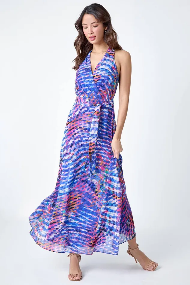Women Blue Abstract Print Halterneck Maxi Dress Roman Dresses
