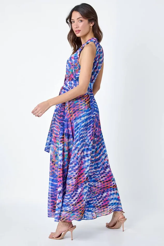 Women Blue Abstract Print Halterneck Maxi Dress Roman Dresses