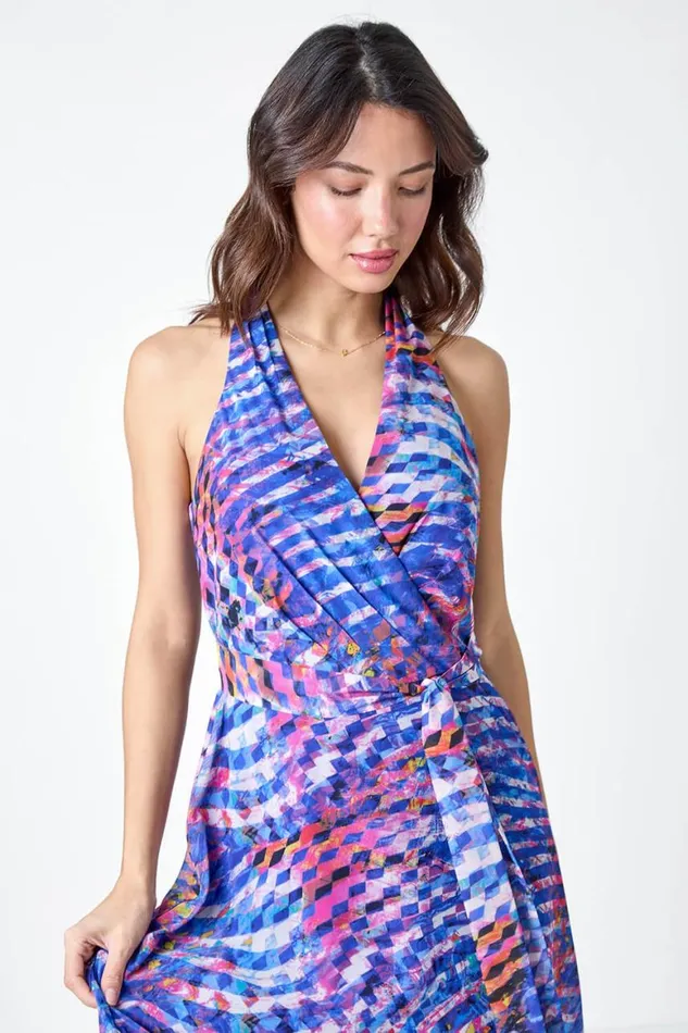 Women Blue Abstract Print Halterneck Maxi Dress Roman Dresses