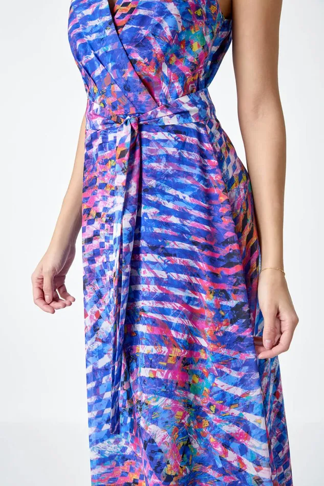 Women Blue Abstract Print Halterneck Maxi Dress Roman Dresses