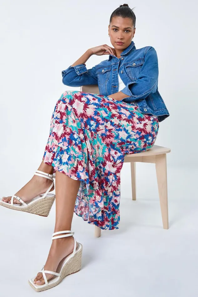 Women Blue Abstract Print Shirred Multiway Skirt Dress Roman Dresses