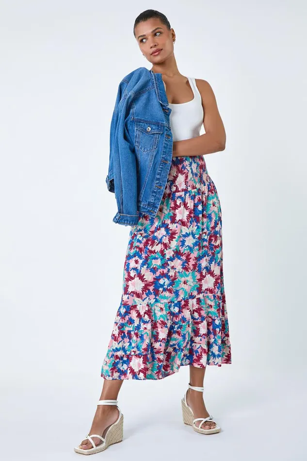 Women Blue Abstract Print Shirred Multiway Skirt Dress Roman Dresses