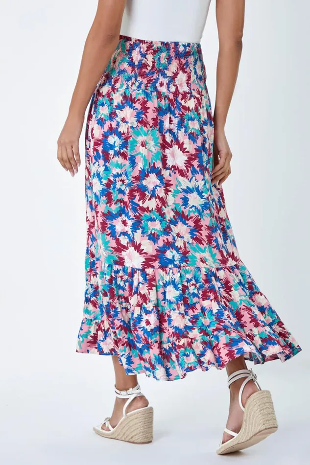Women Blue Abstract Print Shirred Multiway Skirt Dress Roman Dresses