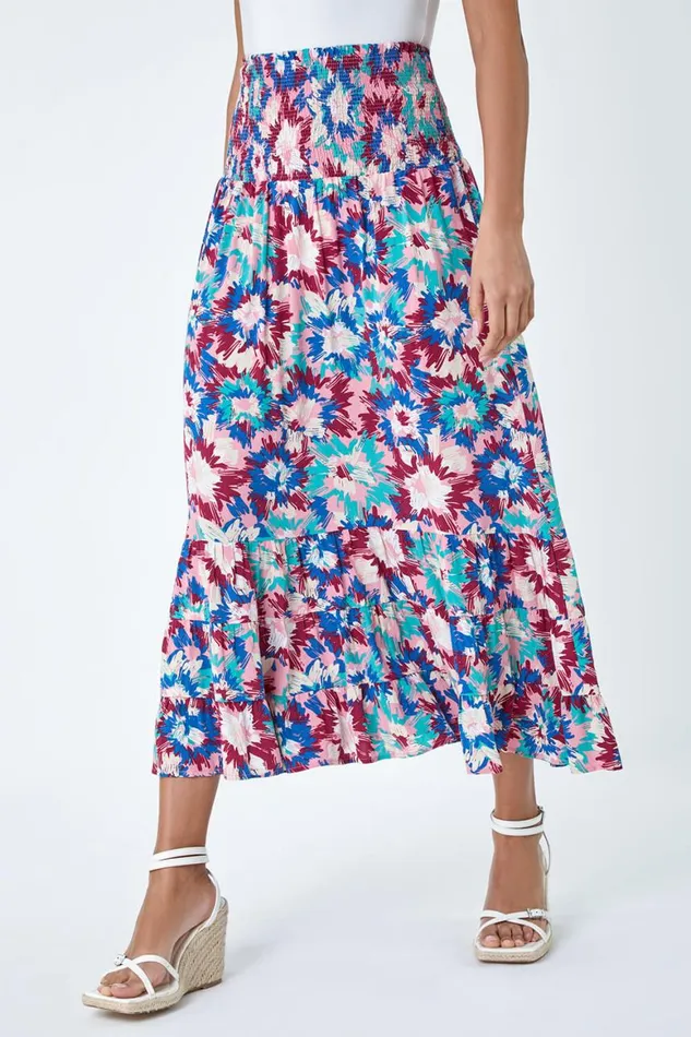 Women Blue Abstract Print Shirred Multiway Skirt Dress Roman Dresses
