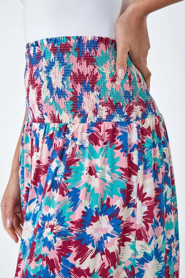 Women Blue Abstract Print Shirred Multiway Skirt Dress Roman Dresses