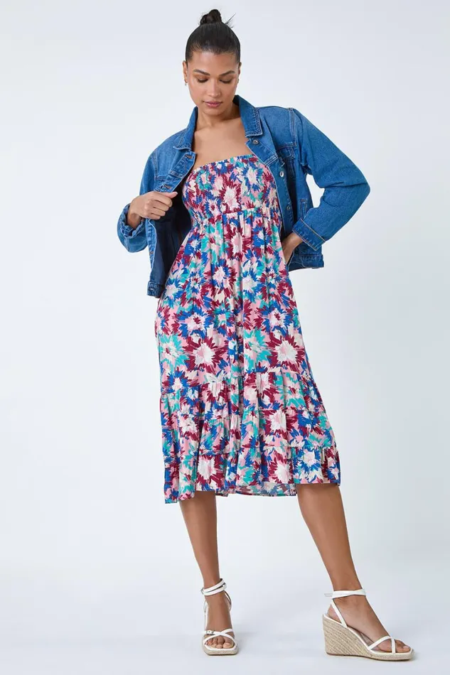 Women Blue Abstract Print Shirred Multiway Skirt Dress Roman Dresses