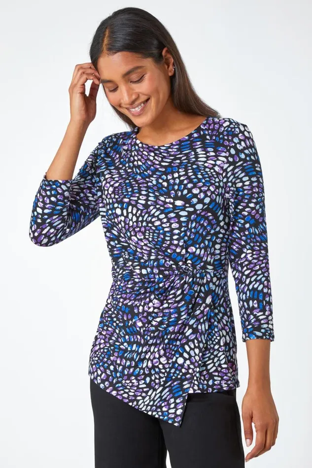 Women Blue Abstract Print Side Twist Stretch Top Roman Tops