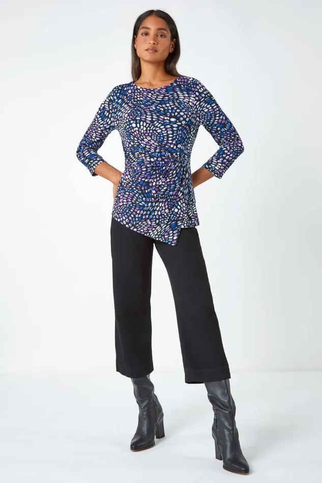 Women Blue Abstract Print Side Twist Stretch Top Roman Tops