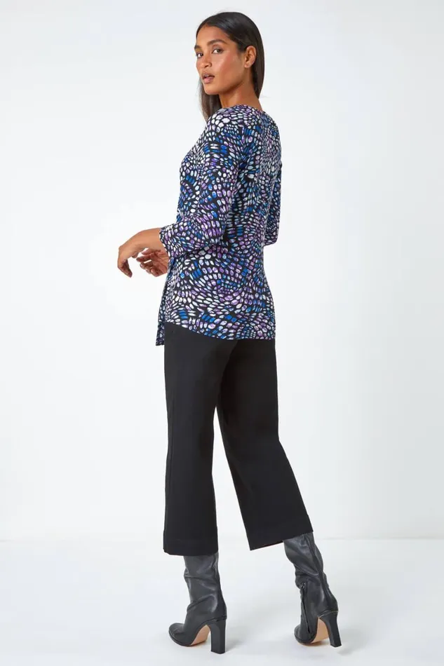 Women Blue Abstract Print Side Twist Stretch Top Roman Tops