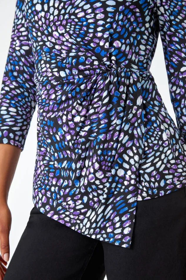 Women Blue Abstract Print Side Twist Stretch Top Roman Tops