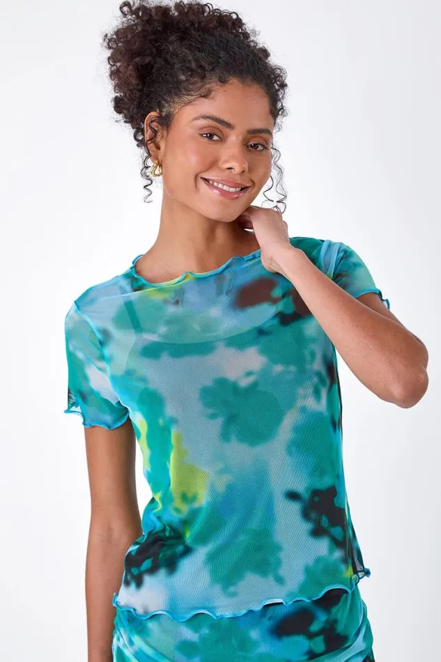 Women Blue Abstract Print Stretch Mesh Top Roman Tops