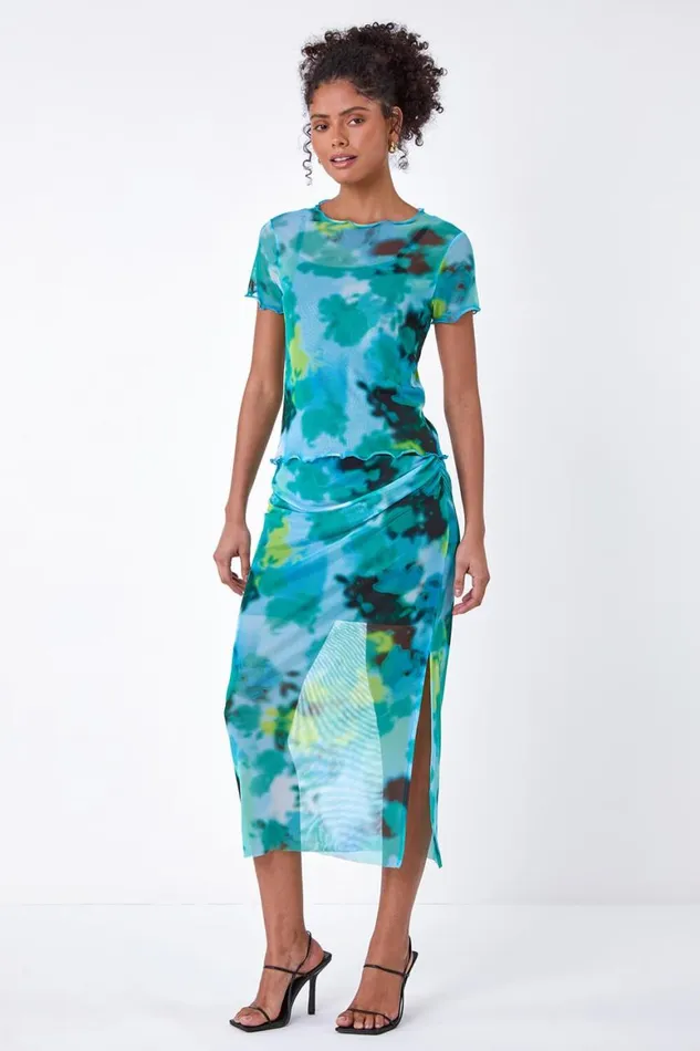 Women Blue Abstract Print Stretch Mesh Top Roman Tops