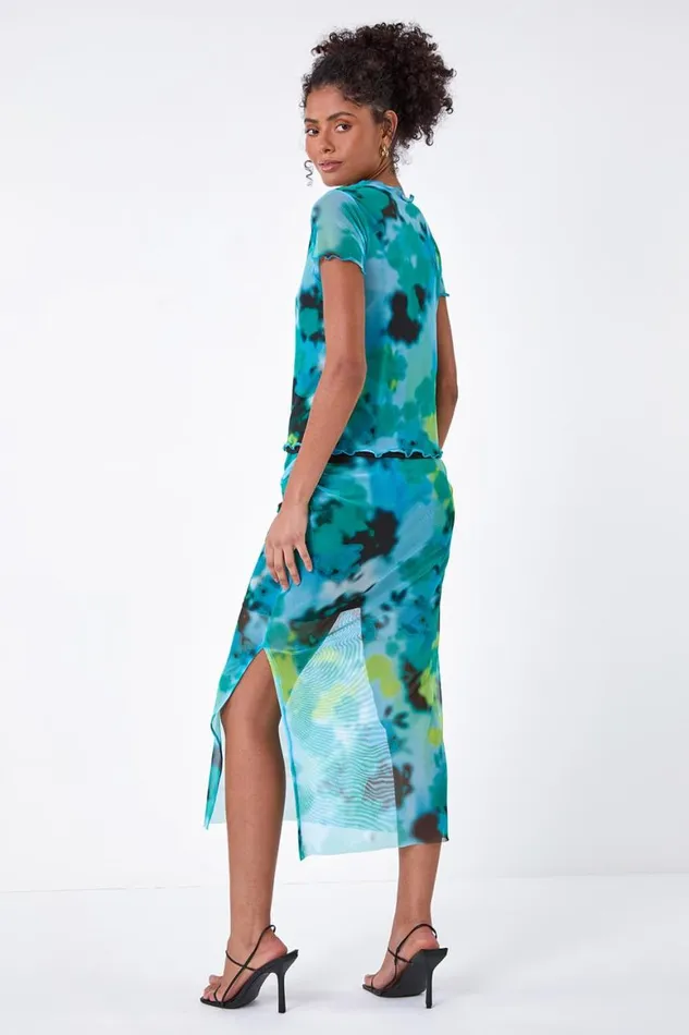 Women Blue Abstract Print Stretch Mesh Top Roman Tops