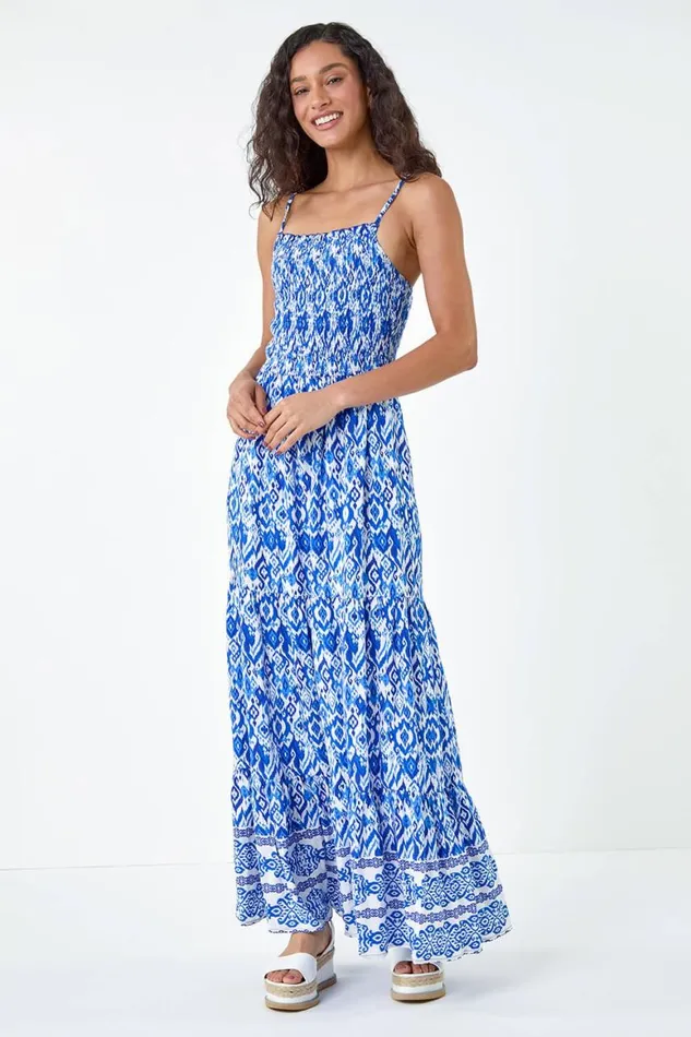 Women Blue Aztec Border Print Shirred Maxi Dress Roman Dresses