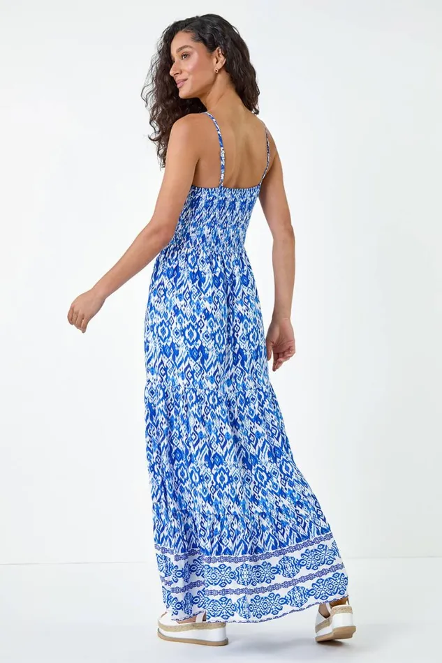 Women Blue Aztec Border Print Shirred Maxi Dress Roman Dresses