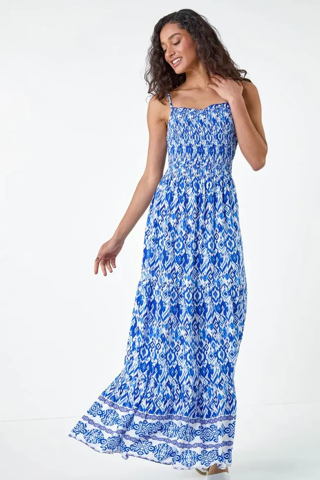 Women Blue Aztec Border Print Shirred Maxi Dress Roman Dresses