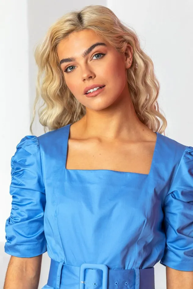 Women Blue Belted Ruched Sleeve Dress Roman Dresses