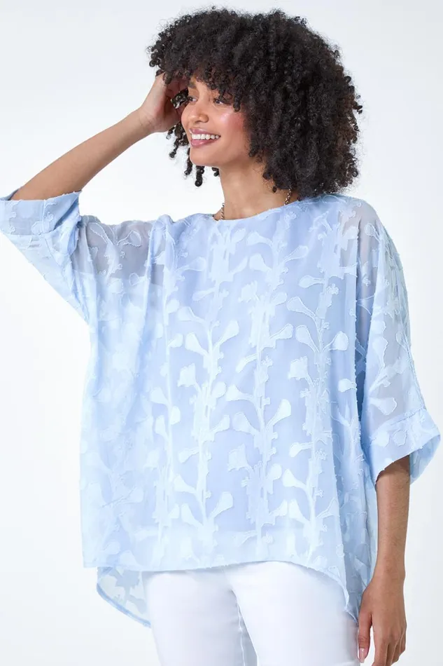Women Blue Burnout Floral Dipped Hem Overlay Tunic Top Roman Tops