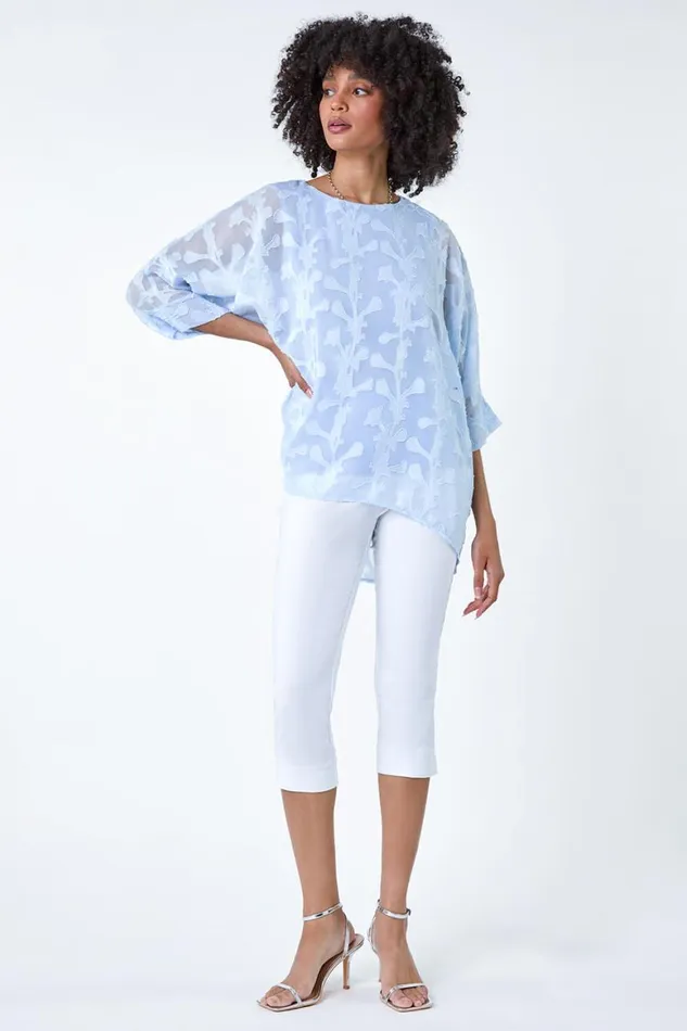 Women Blue Burnout Floral Dipped Hem Overlay Tunic Top Roman Tops