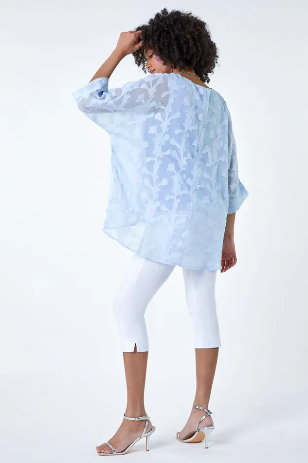 Women Blue Burnout Floral Dipped Hem Overlay Tunic Top Roman Tops