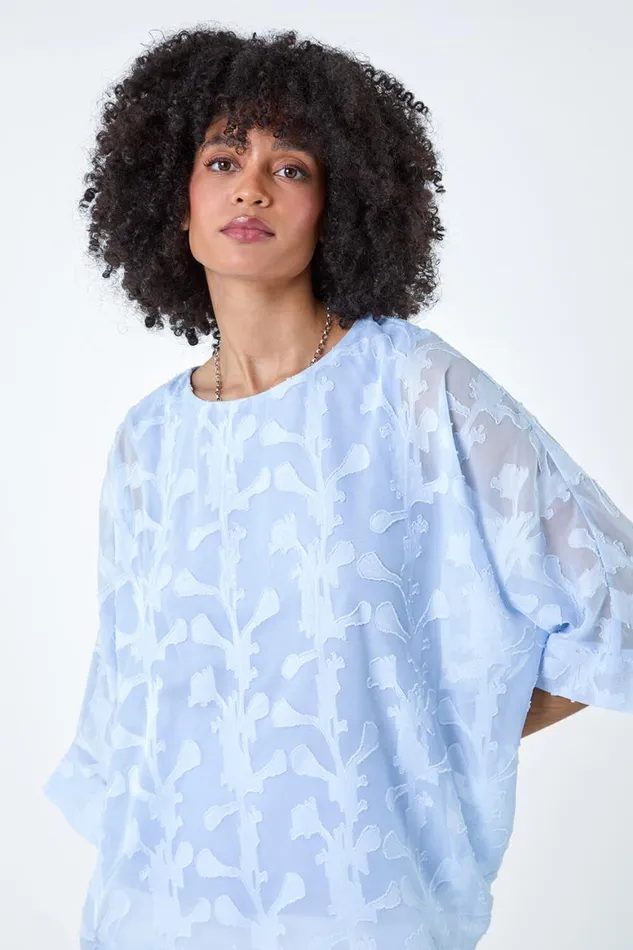 Women Blue Burnout Floral Dipped Hem Overlay Tunic Top Roman Tops