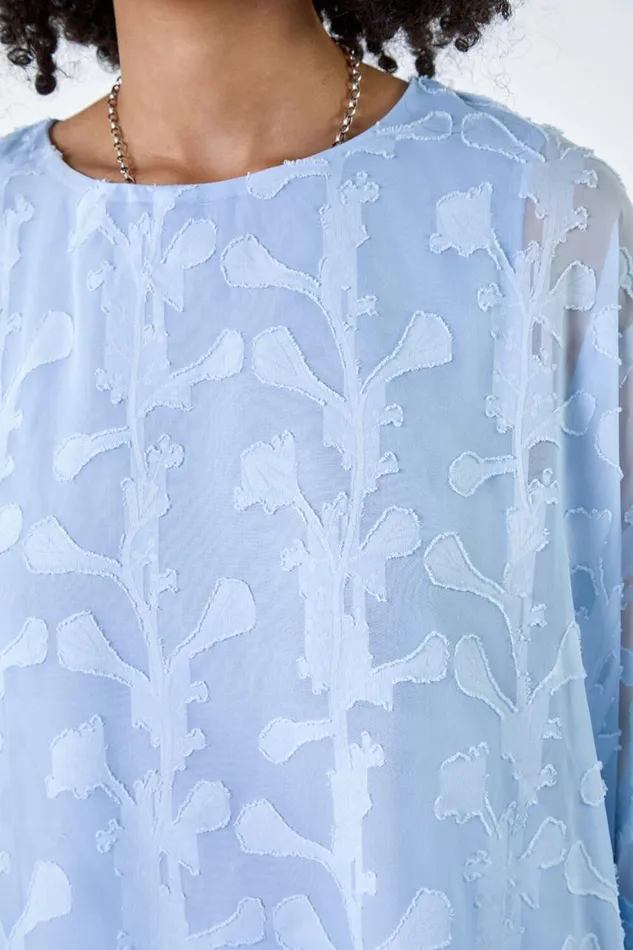 Women Blue Burnout Floral Dipped Hem Overlay Tunic Top Roman Tops