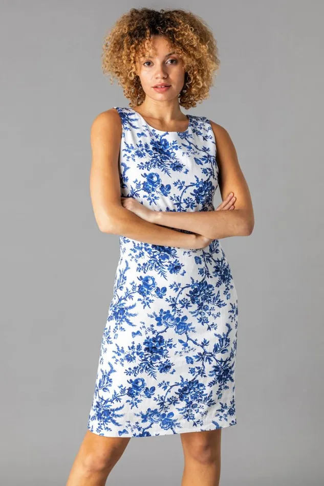 Women Blue Button Back Printed Shift Dress Roman Dresses