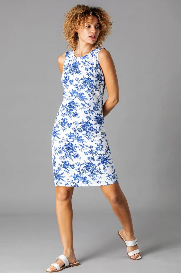 Women Blue Button Back Printed Shift Dress Roman Dresses