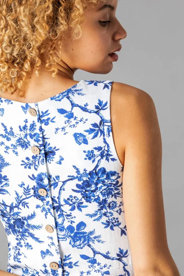 Women Blue Button Back Printed Shift Dress Roman Dresses
