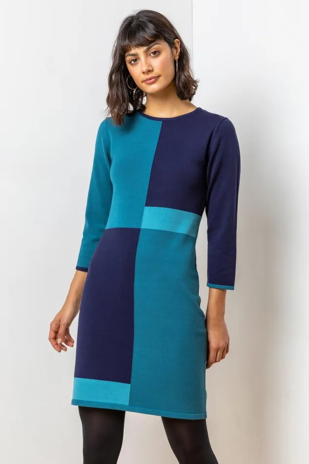 Women Blue Colour Block Knitted Dress Roman Dresses