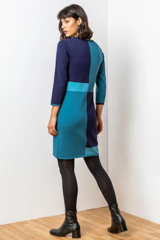 Women Blue Colour Block Knitted Dress Roman Dresses
