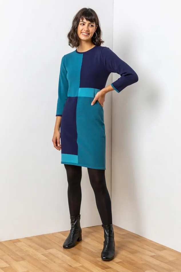 Women Blue Colour Block Knitted Dress Roman Dresses