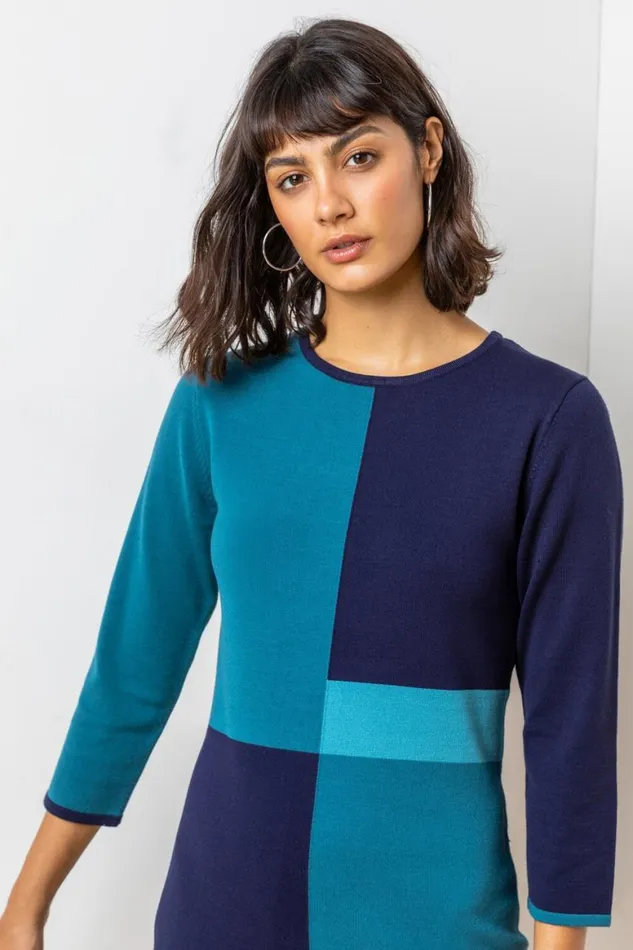 Women Blue Colour Block Knitted Dress Roman Dresses