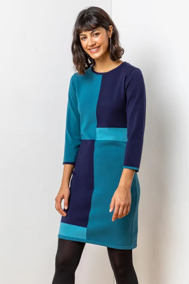 Women Blue Colour Block Knitted Dress Roman Dresses