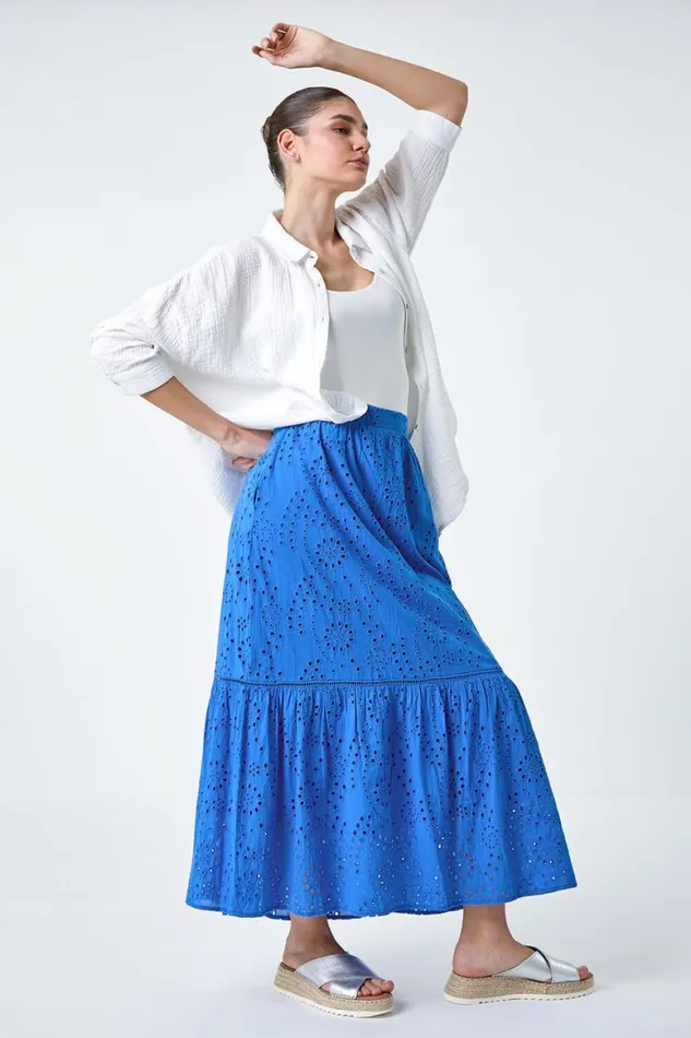 Women Blue Cotton Broderie Pocket A Line Midi Skirt Roman Skirts