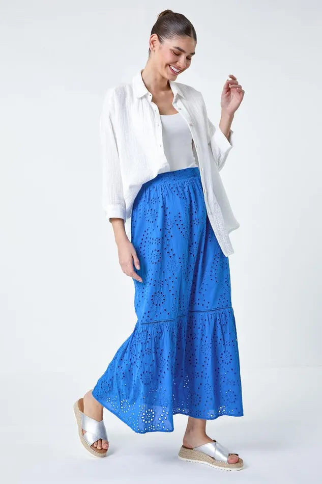 Women Blue Cotton Broderie Pocket A Line Midi Skirt Roman Skirts
