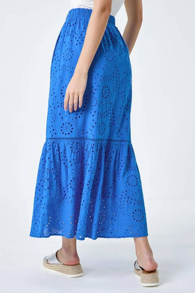 Women Blue Cotton Broderie Pocket A Line Midi Skirt Roman Skirts