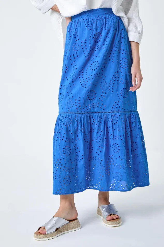 Women Blue Cotton Broderie Pocket A Line Midi Skirt Roman Skirts