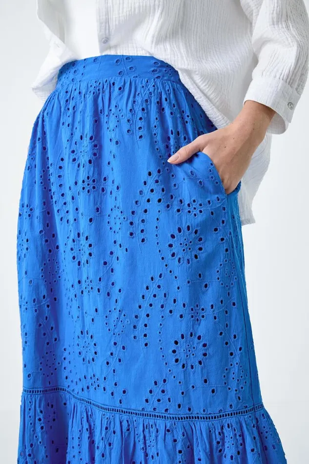 Women Blue Cotton Broderie Pocket A Line Midi Skirt Roman Skirts