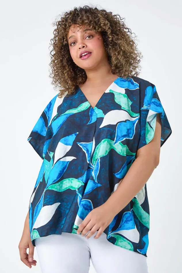 Women Blue Curve Abstract Print VNeck Pleat Front Top Roman Tops