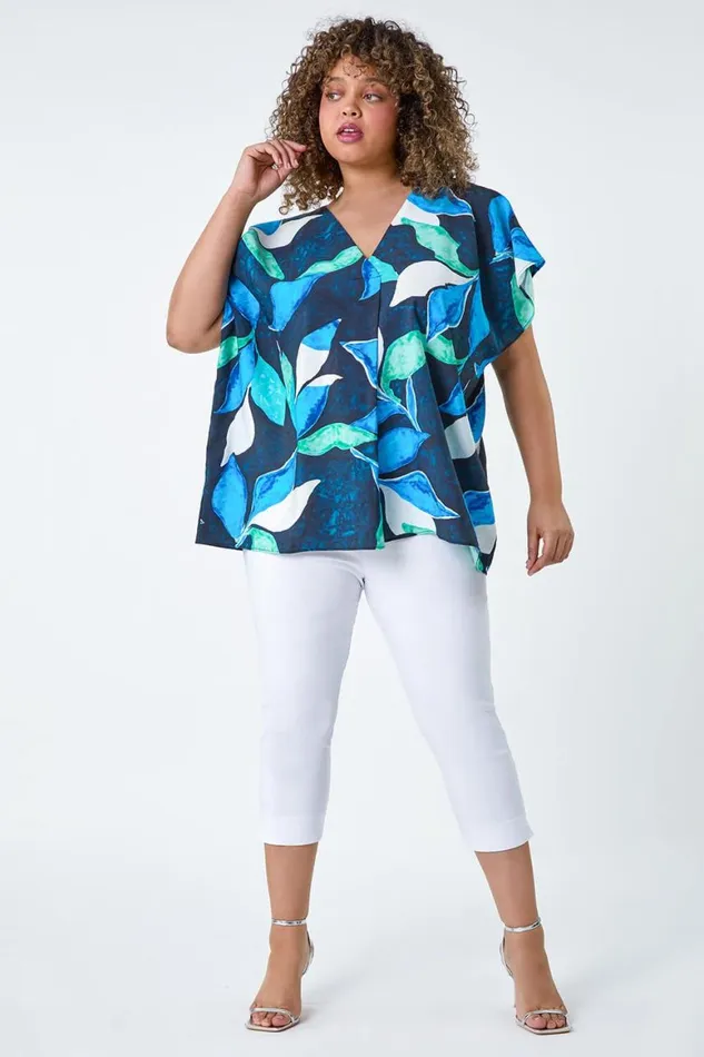 Women Blue Curve Abstract Print VNeck Pleat Front Top Roman Tops