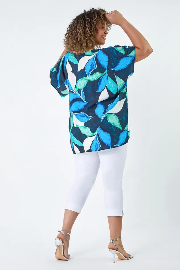 Women Blue Curve Abstract Print VNeck Pleat Front Top Roman Tops