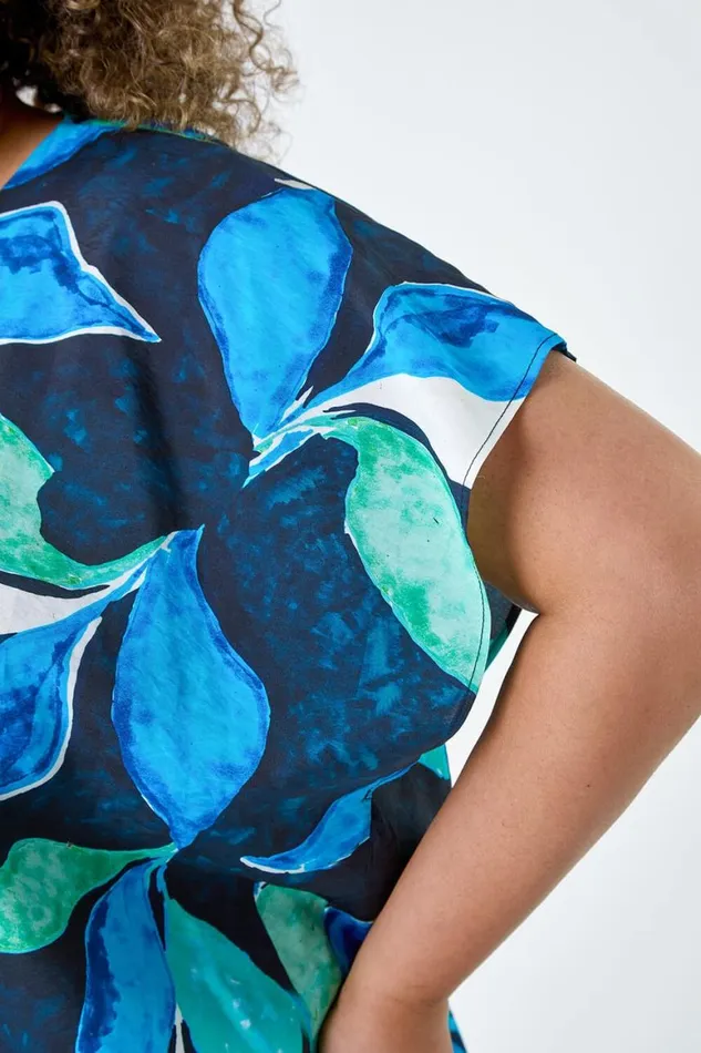 Women Blue Curve Abstract Print VNeck Pleat Front Top Roman Tops