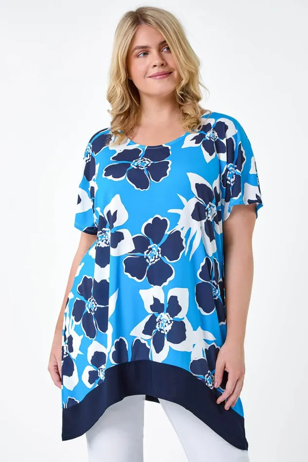 Women Blue Curve Floral Bar Back Stretch Top Roman Tops
