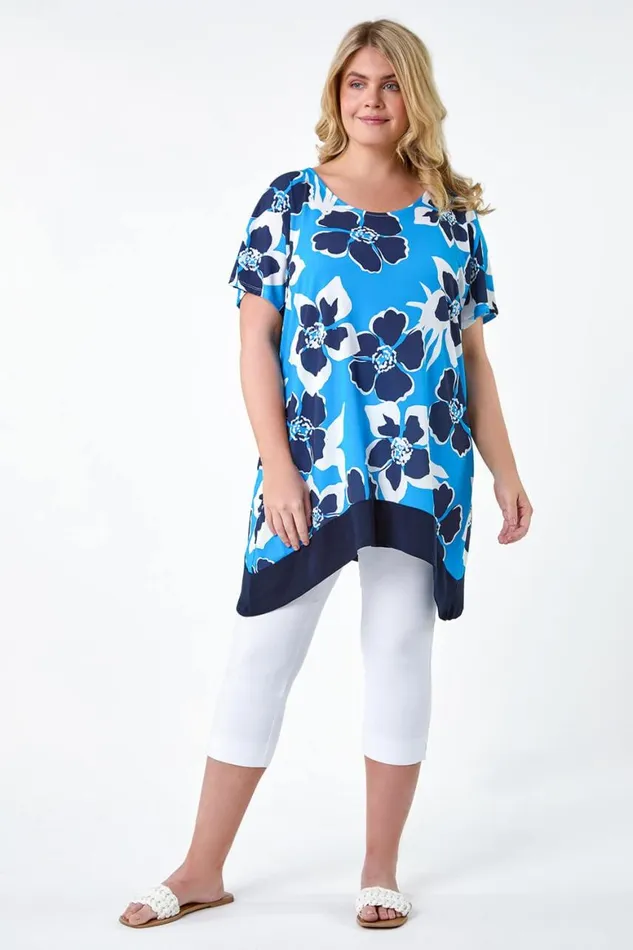 Women Blue Curve Floral Bar Back Stretch Top Roman Tops